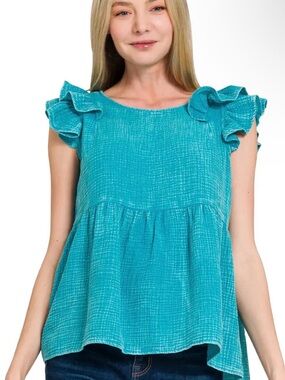 Zenana Double Gauze Acid Washed Tiered Ruffle Peplum Top